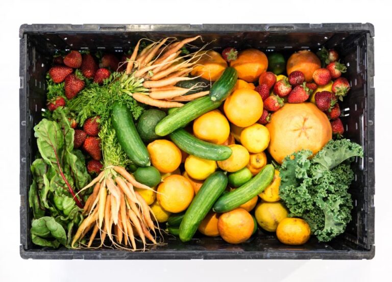 Crate filled with fresh vegetables and citrus fruits