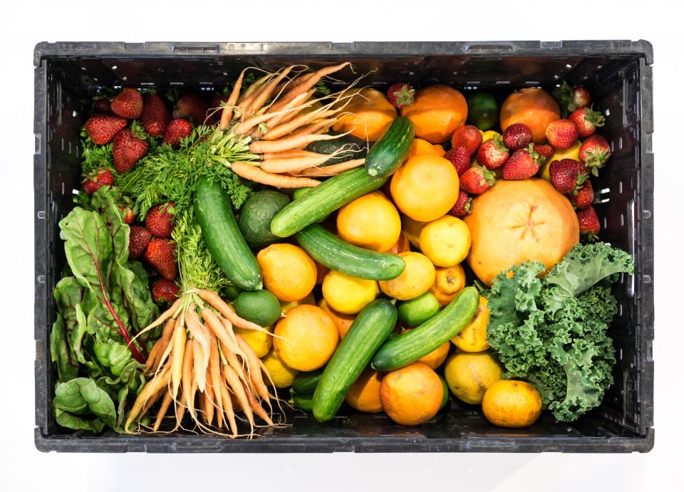 Crate filled with fresh vegetables and citrus fruits
